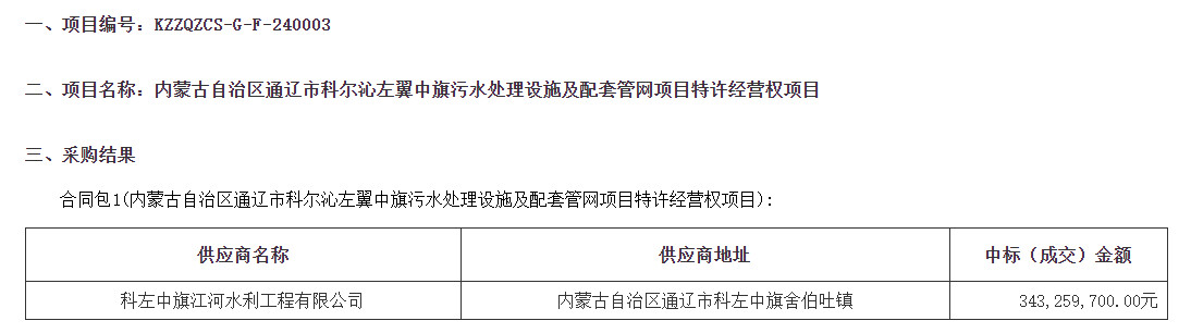 内蒙古通辽市科尔沁超3亿元污水特许经营权项目开标！中标供应商仍是当地国资！