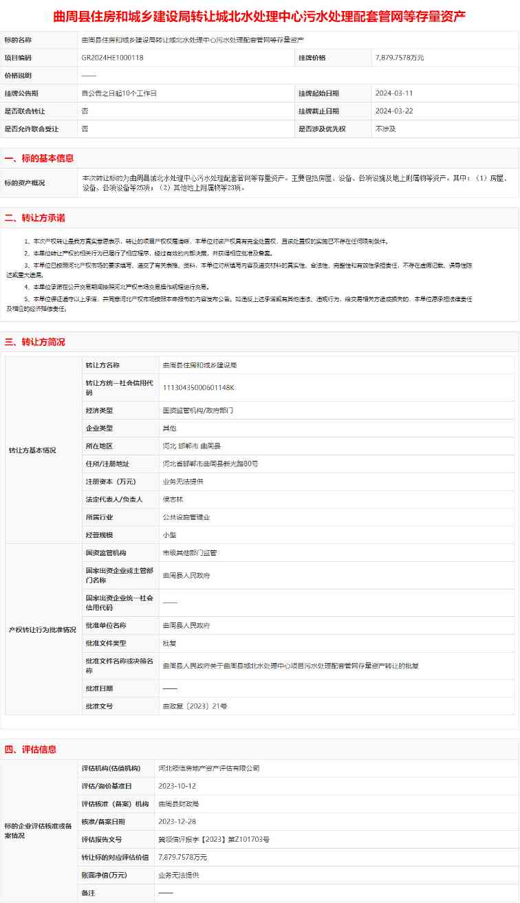 曲周县住房和城乡建设局转让城北水处理中心污水处理配套管网等存量资产