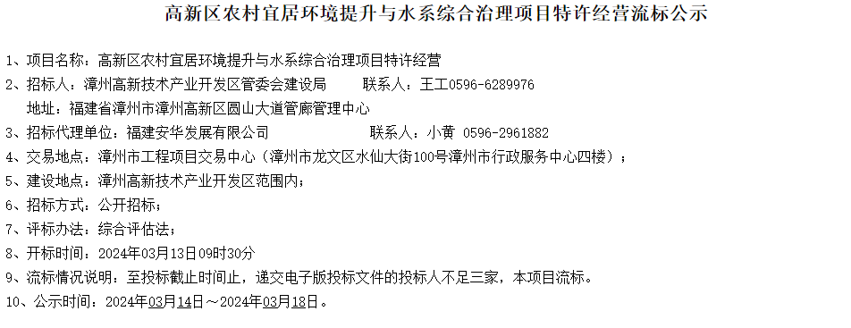 不足三家！超11亿漳州高新区农村宜居环境提升与水系综合治理项目特许经营流标！