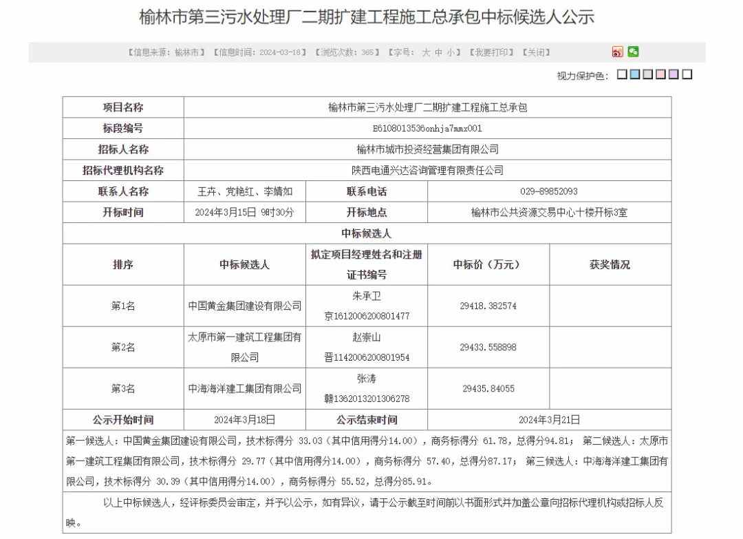 报价约3亿！中金建设当选榆林市第三污水处理厂二期扩建工程施工总承包第一中标候选人！