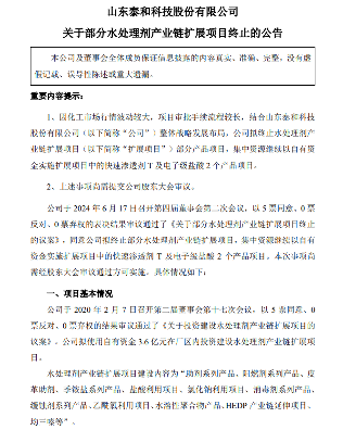 泰和科技：3.6亿水处理剂产业链扩展项目部分产品项目终止！