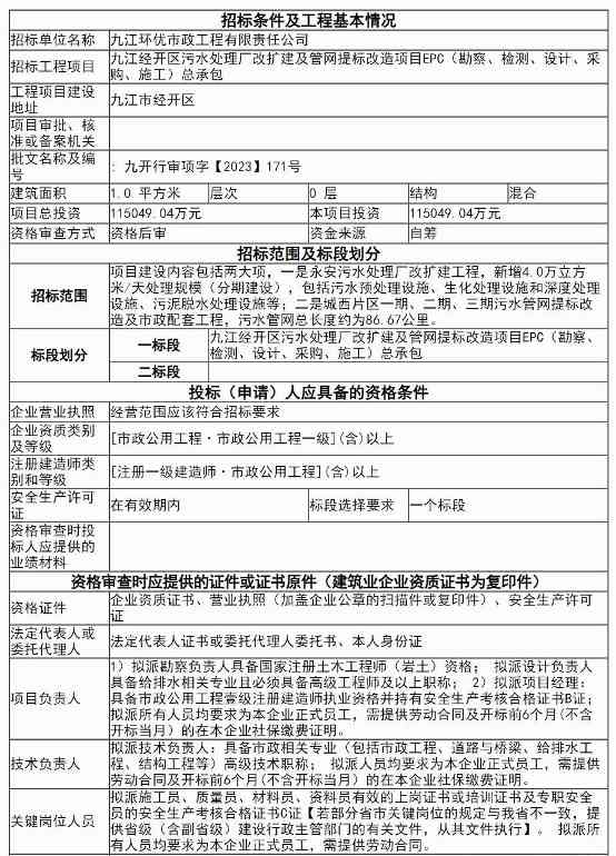 超11亿！江西九江经开区污水处理厂改扩建及管网提标改造项目EPC（勘察、检测、设计、采购、施工）总承包项目招标！(图1)