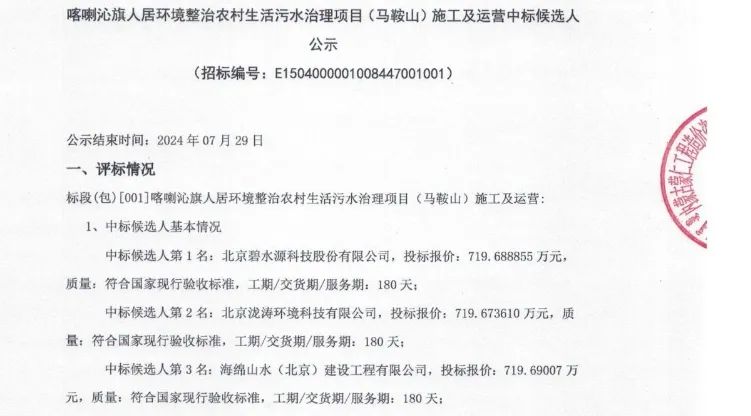 碧水源预中标内蒙古喀喇沁旗人居环境整治农村生活污水治理项目（马鞍山）施工及运营项目！