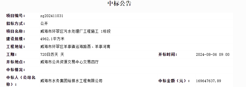 1.6亿！威海市环翠区污水处理厂工程施工项目中标结果公示