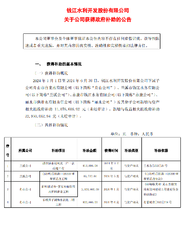 钱江水利：2024上半年获得政府补助3987万元！