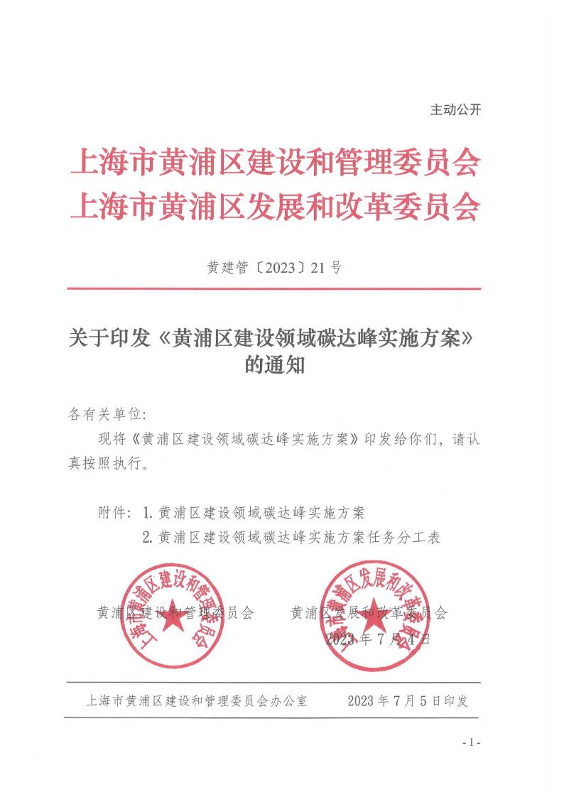 关于印发《黄浦区建设领域碳达峰实施方案》的通知