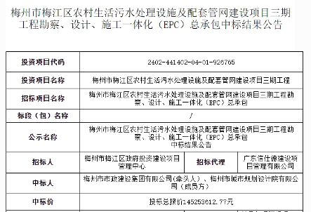 1.4亿！广东省梅州市梅江区农村生活污水处理设施及配套管网建设项目三期工程勘察、设计、施工一体化（EPC）总承包中标结果公布！