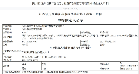 1.29亿！华锦建设集团预中标江西遂川第二生活污水处理厂及配套管网项目