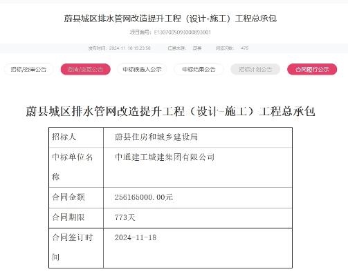 2.56亿！河北蔚县城区排水管网改造提升工程总承包合同履行公示