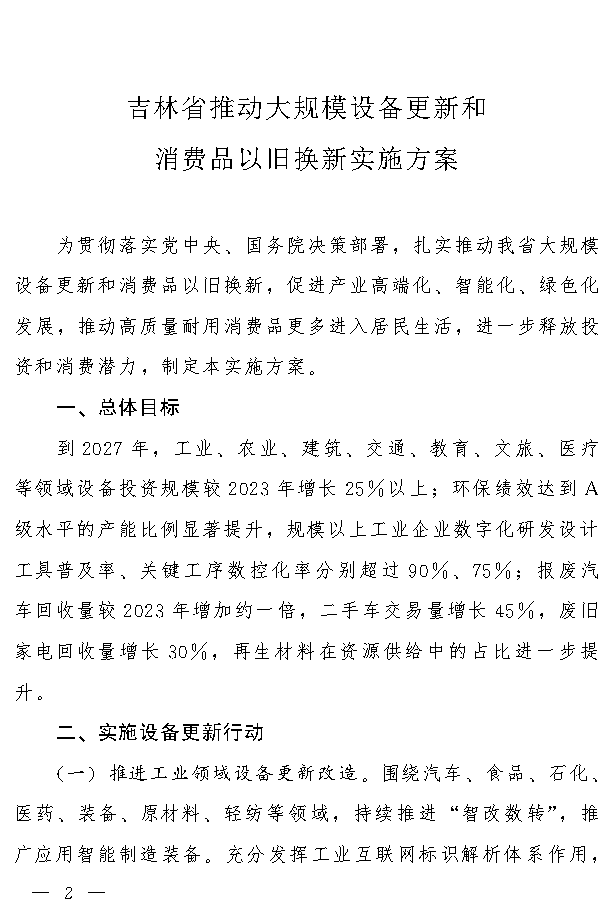 吉林省推动大规模设备更新和消费品以旧换新实施方案