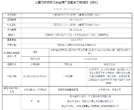 5.2亿！安徽大渡口经开区污水处理厂及配套工程项目（EPC）开标