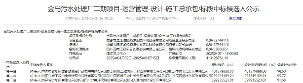 4亿！四川金马污水处理厂二期项目运营管理-设计-施工总承包预中标
