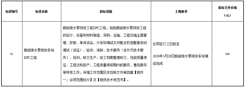 陕投信丰能源2×1000MW机组工程脱硫废水零排放系统EPC工程招标
