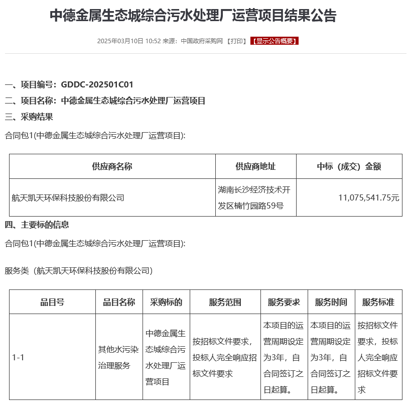 航天凯天环保中标揭阳市揭东区中德金属生态城综合污水处理厂运营项目