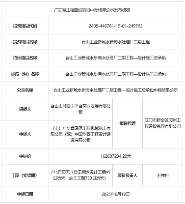 1.6亿！广东台山工业新城水步污水处理厂二期工程设计施工总承包中标