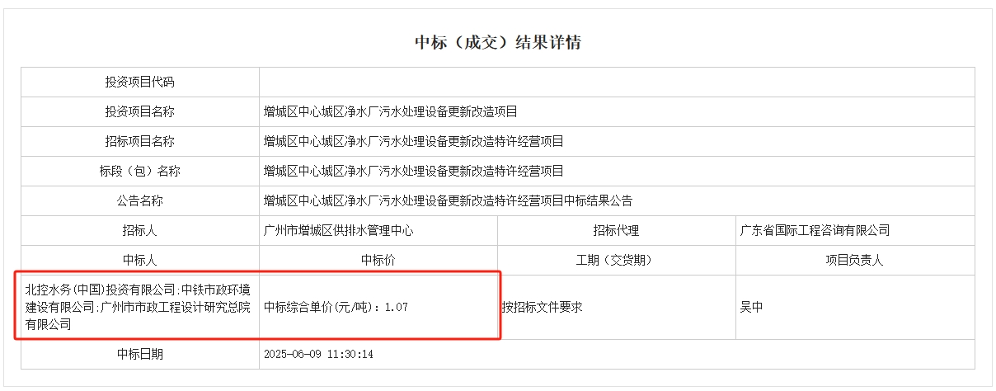 1.07元/吨！北控水务联合体中标