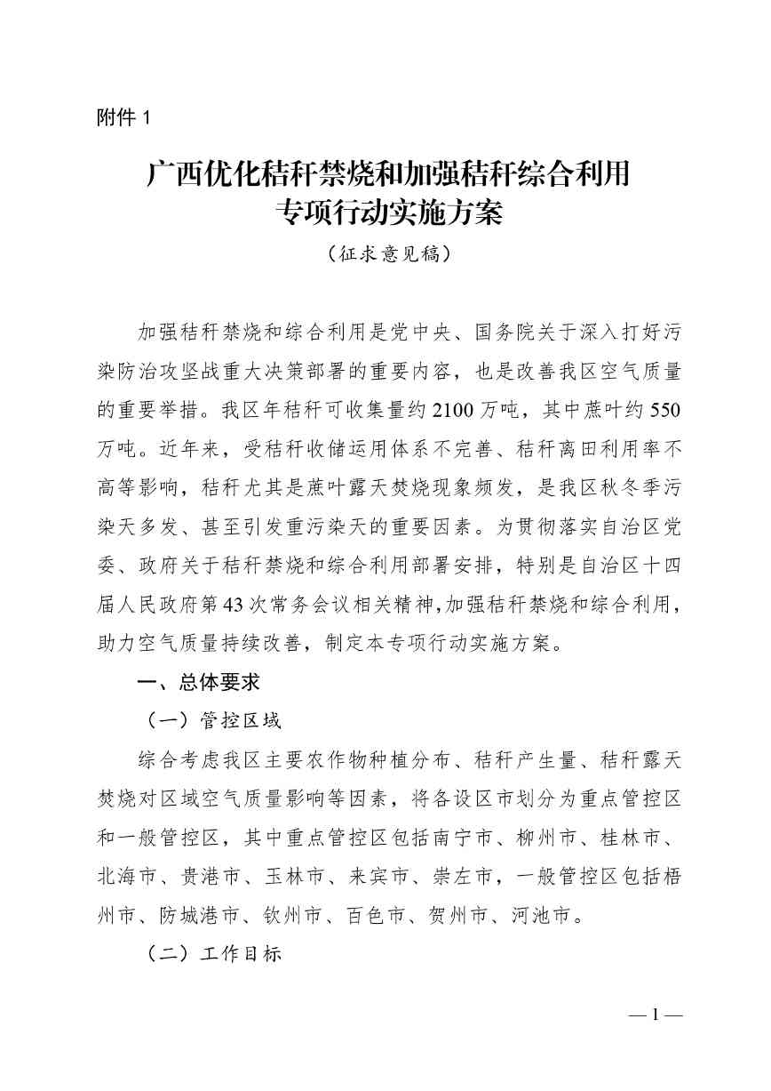 《广西优化秸秆禁烧和加强秸秆综合利用专项行动实施方案》（征求意见稿）