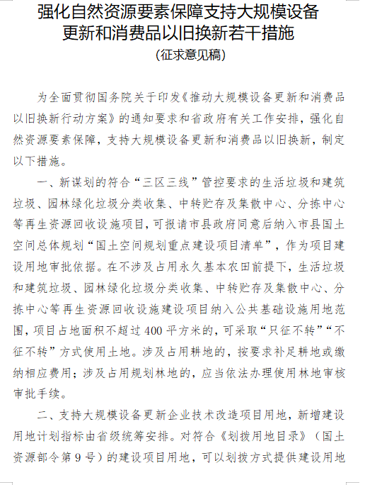 海南印发《强化自然资源要素保障支持大规模设备更新和消费品以旧换新若干措施 （征求意见稿）》(图1)