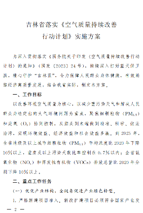 吉林省落实 《空气质量持续改善行动计划》实施方案
