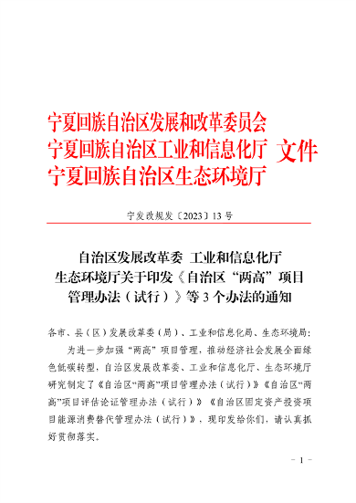 宁夏自治区发布“两高”项目管理办法（试行）