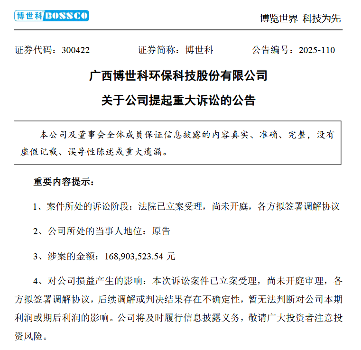 涉案金额约1.69亿 博世科提起重大诉讼