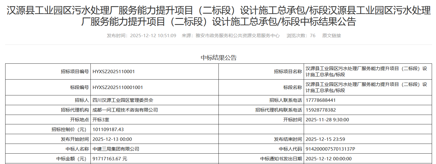 9171.7万！中建三局中标四川汉源工业园区污水处理厂服务能力提升项目总承包