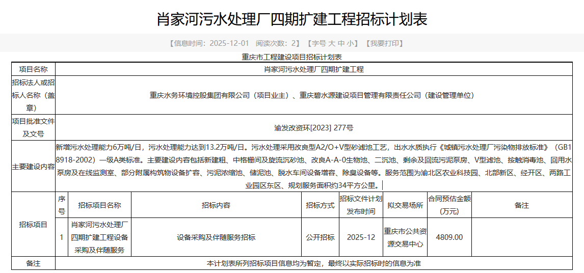 4809万！重庆肖家河污水处理厂四期扩建工程将招标