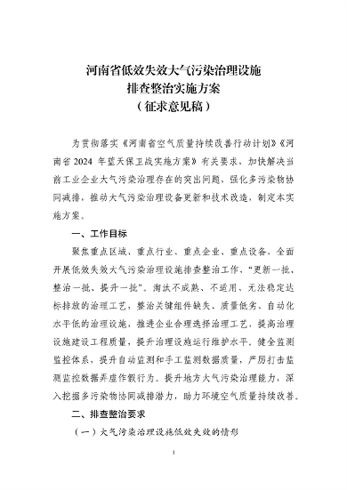 《河南省低效失效大气污染治理设施排查整治实施方案》公开征求意见(图1)