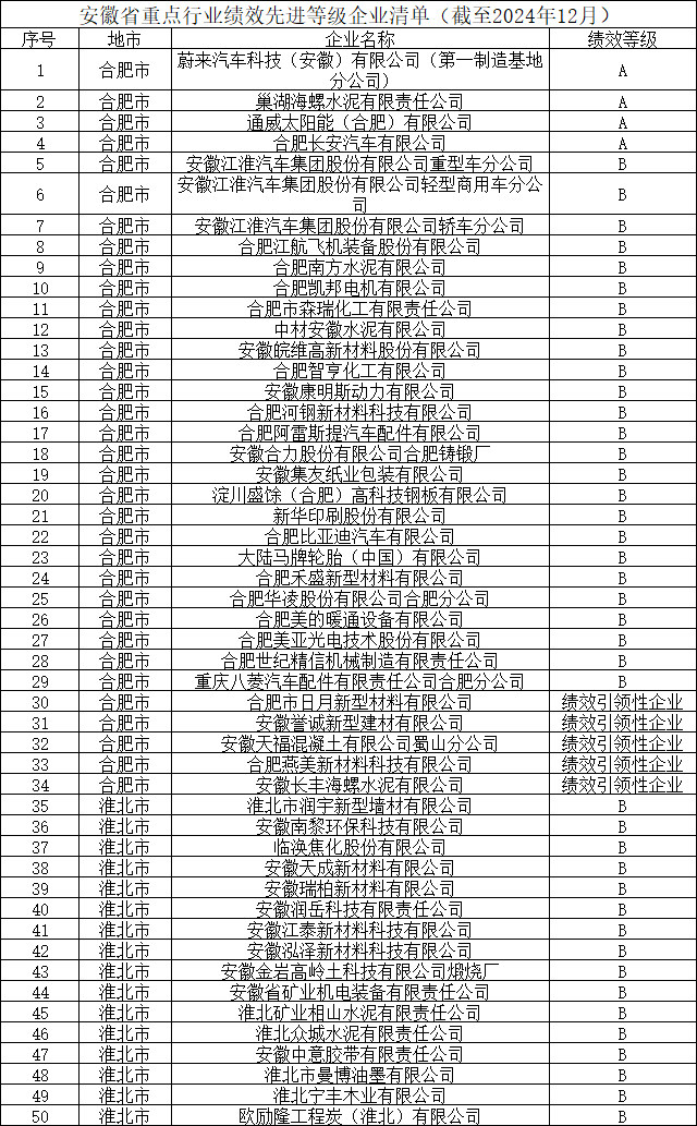 安徽省重点行业绩效先进等级企业清单（截至2024年12月）公布(图2)